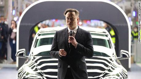 Tesla CEO Elon Musk speaks during the official opening of the new Tesla electric car production facility on March 22, 2022 near Gruenheide, Germany. 