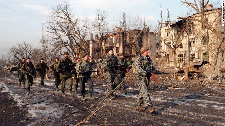 Russian soldiers are seen in Grozny, Chechnya on February 5, 2000. 