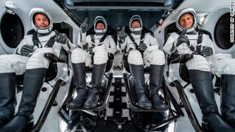 Ax-1 Crew (from left to right) Mark Pathy, Larry Connor, Michael López-Alegría and Eytan Stibbe on SpaceX Crew Dragon during training.