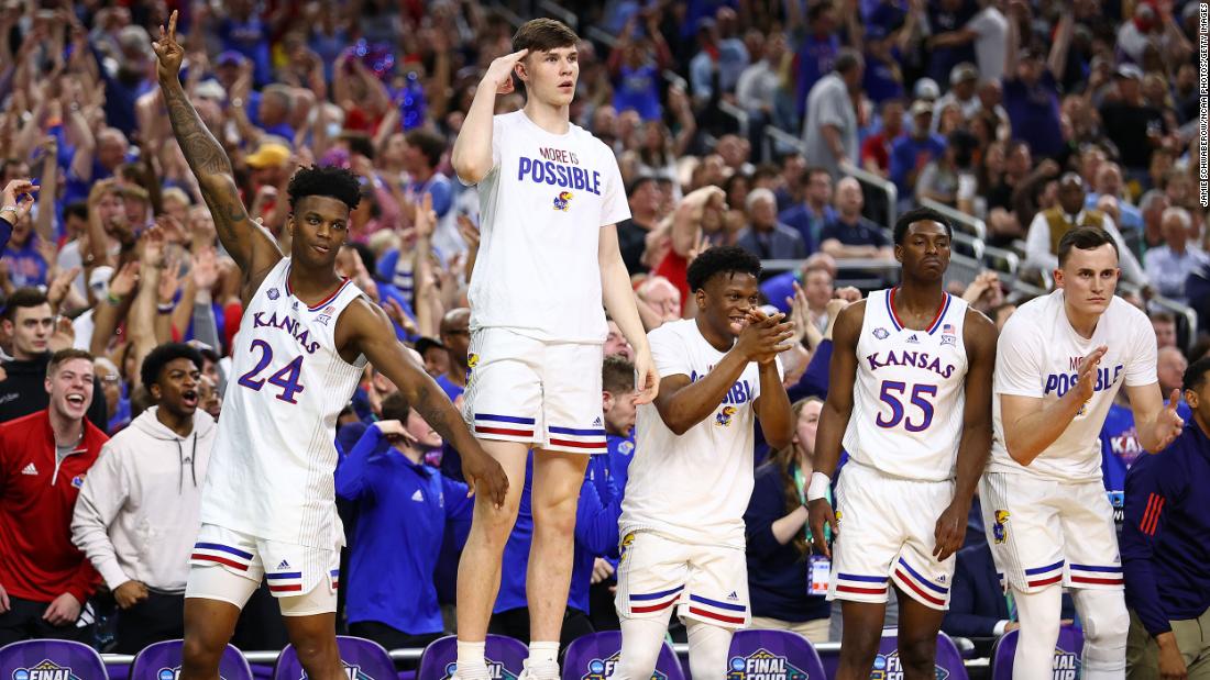 The Kansas bench reacts during the team&#39;s second-half comeback.