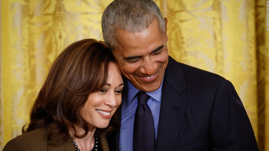 Obama hugs Harris at the event.