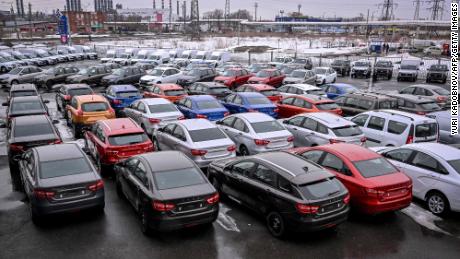 Lada cars seen at a dealership in Tolyatti, also known as Togliatti, Russia in April 2022. Lada was already Russia&#39;s most popular car brand before the war, and saw its market share grow last year.