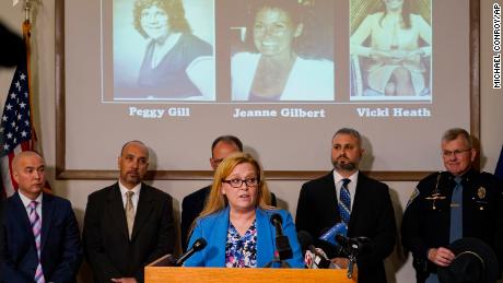 Kimberly Wright, the daughter of Jeanne Gilbert, speaks after the Indiana State Police announced the identity of the suspect in the &quot;Days Inn&quot; cold case murders during a press conference in Indianapolis, Tuesday, April 5, 2022. 