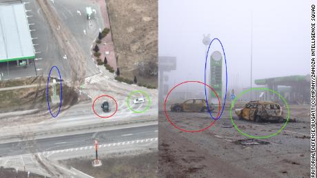 Imágenes de drones del 7 de marzo (izquierda) muestran el auto en el que estaba Maxim Iovenko antes de que le dispararan.  Una foto aproximadamente un mes después (derecha) muestra que los autos y los cuerpos carbonizados no se movieron.