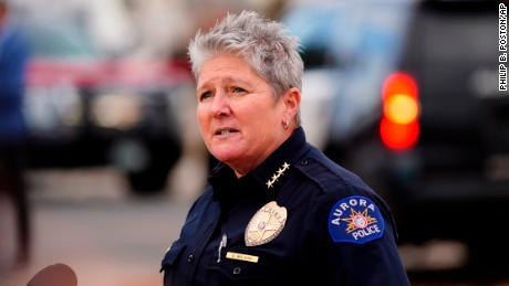 Aurora Department Chief Vanessa Wilson speaks to reporters near the scene of a drive-by shooting that left six teenagers injured in November 2021.