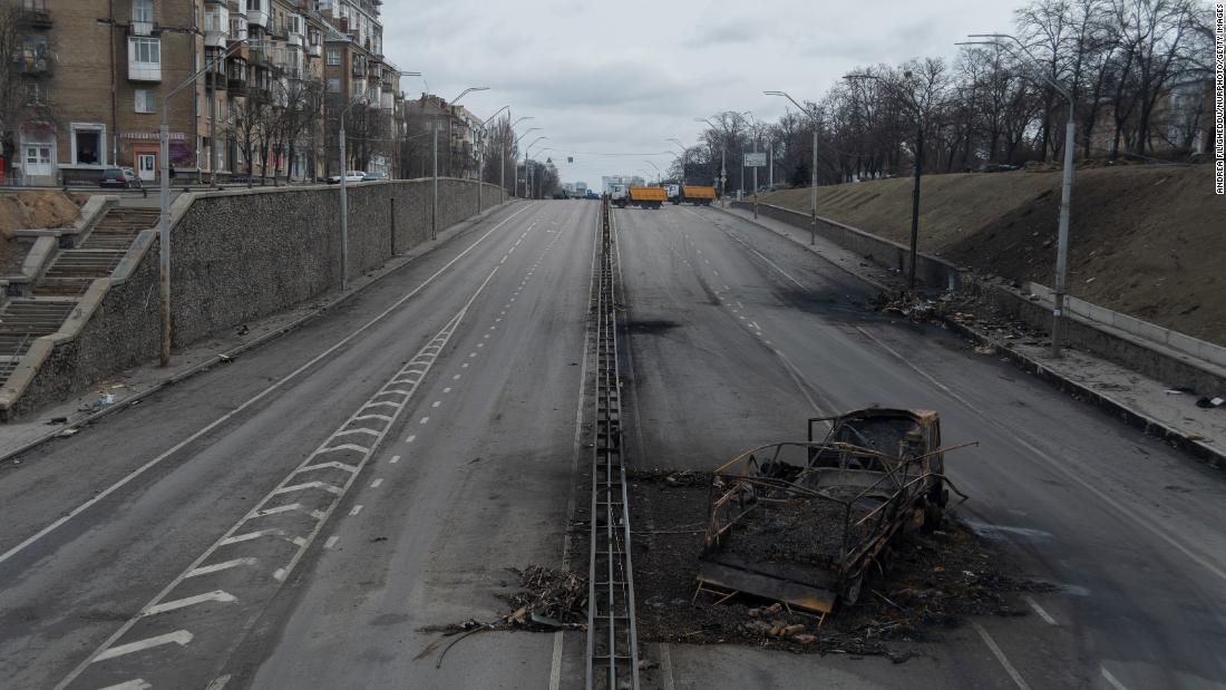 The aftermath of an explosion that destroyed a Russian truck in the streets of Kyiv, Ukraine, on March 4. 
