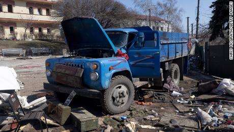 A truck that was being used by the Russian military lies destroyed in Trostyanets, Ukraine, on March 29.