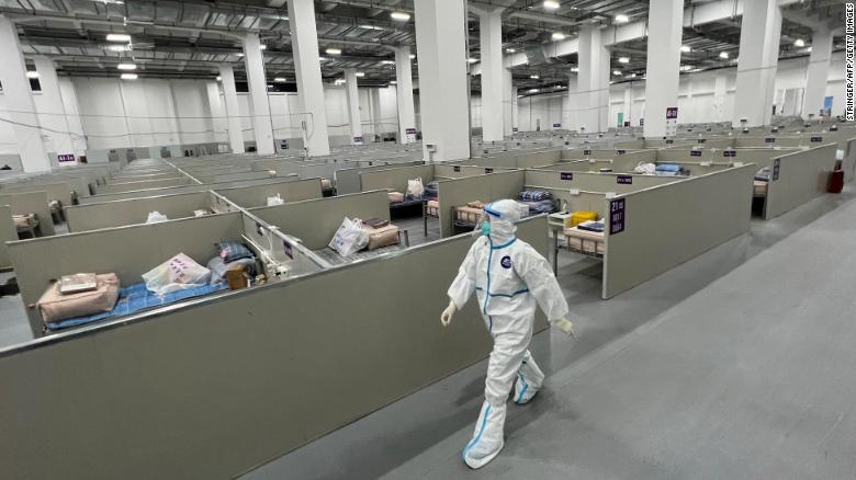 A worker in a makeshift hospital for Covid-19 patients in Shanghai on April 7.