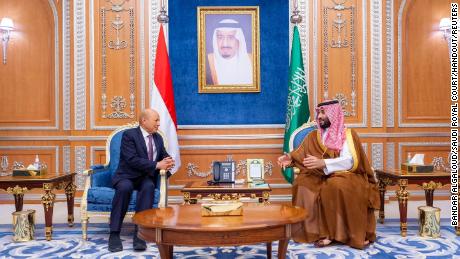 Saudi Crown Prince Mohammed bin Salman receives Rashad al-Alimi, Chairman of the Yemeni Presidential Leadership Council in Riyadh, Saudi Arabia April 7,2022. 