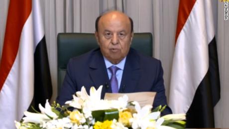 Yemen&#39;s President Abd-Rabbu Mansour Hadi delivers a speech as he delegates his own powers to a presidential council, in Riyadh, Saudi Arabia on Thursday.