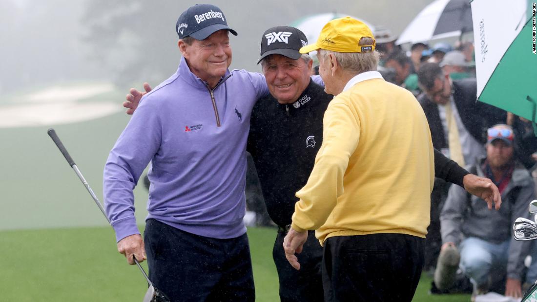 From left, honorary starters Tom Watson, Gary Player and Jack Nicklaus gather on the first tee Thursday.