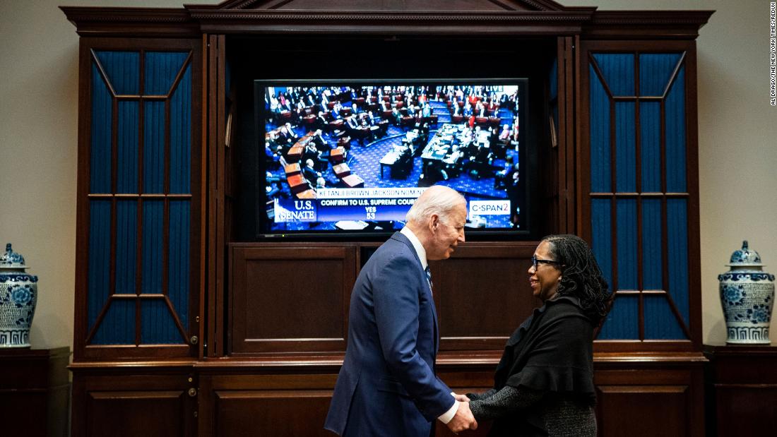 Biden congratulates Jackson during her confirmation vote in April 2022. &lt;a href=&quot;https://www.cnn.com/politics/live-news/ketanji-brown-jackson-senate-confirmation-vote/h_d4a99376976ed52d23742f6b1ac28a95&quot; target=&quot;_blank&quot;&gt;They watched the Senate vote&lt;/a&gt; from the Roosevelt Room in the White House.