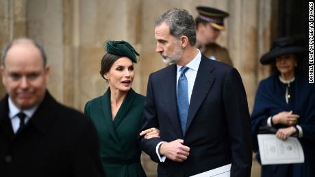Spain&#39;s Felipe VI and Letizia leave the Service of Thanksgiving for Britain&#39;s Prince Philip on March 29.