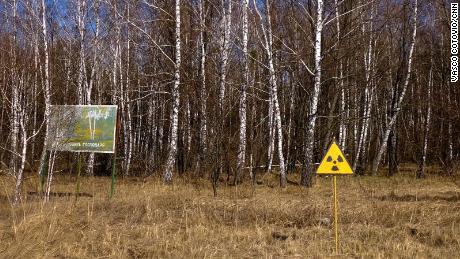 标志警告不要进入切尔诺贝利附近的红色森林，这是地球上污染最严重的核电站之一。