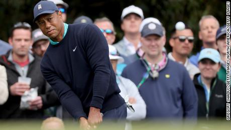 Tiger Woods plays his shot on the first hole during the second round of The Masters at Augusta National Golf Club.