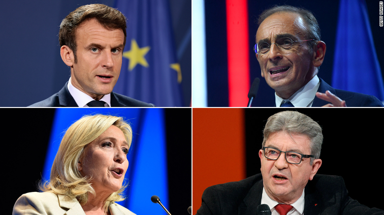 French presidential candidates Emmanuel Macron, Eric Zemmour, Marine Le Pen and Jean-Luc Melenchon.