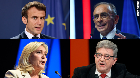 French presidential candidates Emmanuel Macron, Eric Zemmour, Marine Le Pen and Jean-Luc Melenchon.
