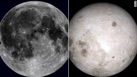 The near side of the moon, left, and the far side of the moon not visible from Earth is on the right. 