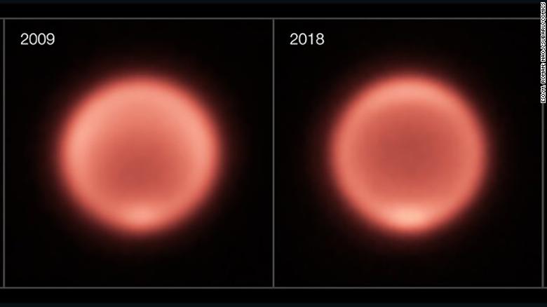 Thermal images show temperature changes on Neptune over time. 