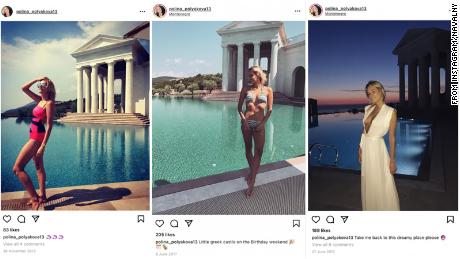 The daughter of Lavrov & # 39 ;s purported girlfriend, Polina Kovaleva - pictured here at oligarch Oleg Deripaska & # 39 ;s villa in Montenegro, according to the Anti-Corruption Foundation - appears to benefit from Lavrov & # 39 ;s connections to the Kremlin. 