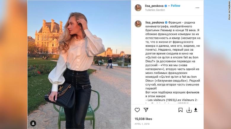 Peskov&#39;s 24-year-old daughter, Elizaveta Peskova, grew up in Paris where she owns a multimillion-dollar apartment with her mother in one of the city&#39;s most expensive neighborhoods. Peskova, seen here at Paris&#39; Tuileries Gardens in an Instagram post from 2019, describes her love for French cinema. 