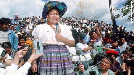 So K'iche', 33, Guatemalan activist Rigoberta Menchú Tum, addresses a crowd, during a celebration in Guatemala City, Guatemala.  (Photo by AP Photo/str/Dan Hernandez, 1992)