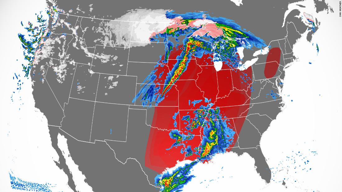 Blizzard conditions with 1 to 3 feet of snow and storms, including tornadoes, are on tap today