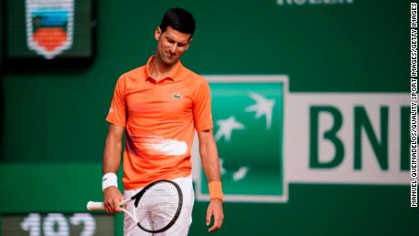 Novak Djokovic reacts in his match against Alejandro Davidovich Fokina.
