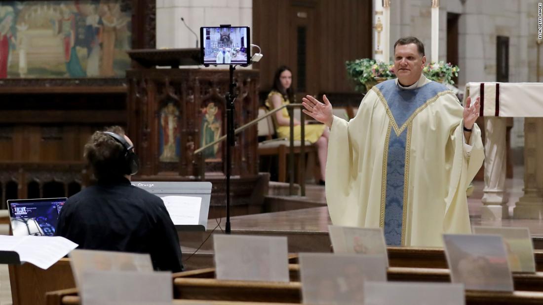 Rev. Brian X. Needles delivers Easter Sunday Mass via livestream on April 12, 2020, at Our Lady of Sorrows Catholic Church in South Orange, New Jersey. Many churches have been forced to adapt during the Covid-19 pandemic.