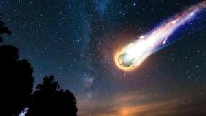 A comet, an asteroid, a meteorite falls to the ground against a starry sky. Attack of the meteorite. Meteor Rain. Kameta tail. End of the world.