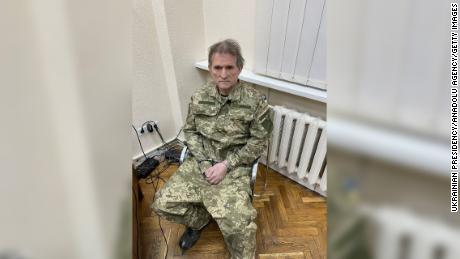 UKRAINE - APRIL 12: (----EDITORIAL USE ONLY â MANDATORY CREDIT - &quot;UKRAINIAN PRESIDENCY / HANDOUT&quot; - NO MARKETING NO ADVERTISING CAMPAIGNS - DISTRIBUTED AS A SERVICE TO CLIENTS----) Fugitive oligarch and Russian President Vladimir Putin&#39;s close friend Viktor Medvedchuk sits in a chair with his hands cuffed after a special operation was carried out by Security Service of Ukraine in Ukraine on April 12, 2022. (Photo by UKRAINIAN PRESIDENCY/Anadolu Agency via Getty Images)