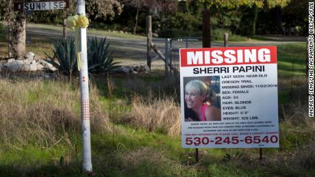 A &quot;missing&quot; sign for Sherri Papini is seen in November 2016 along Sunrise Drive, near the location where she was believed to have gone missing while on an afternoon jog.