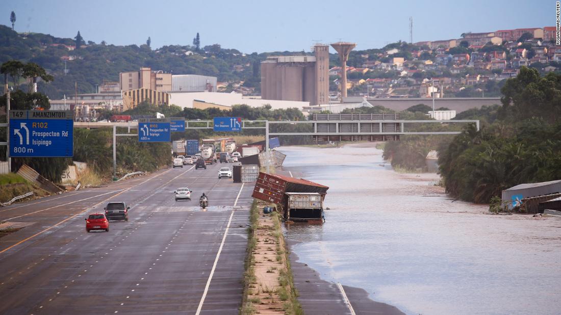 Part of the N2 highway is flooded in Durban on April 12.