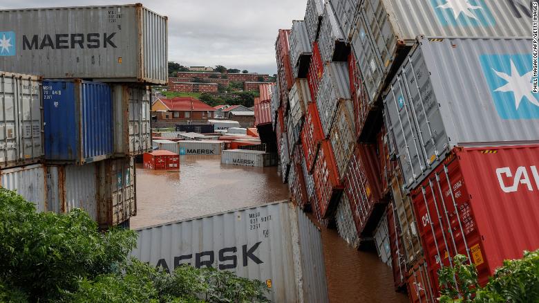 Shipping containers fell over in the heavy rains and winds in Durban.