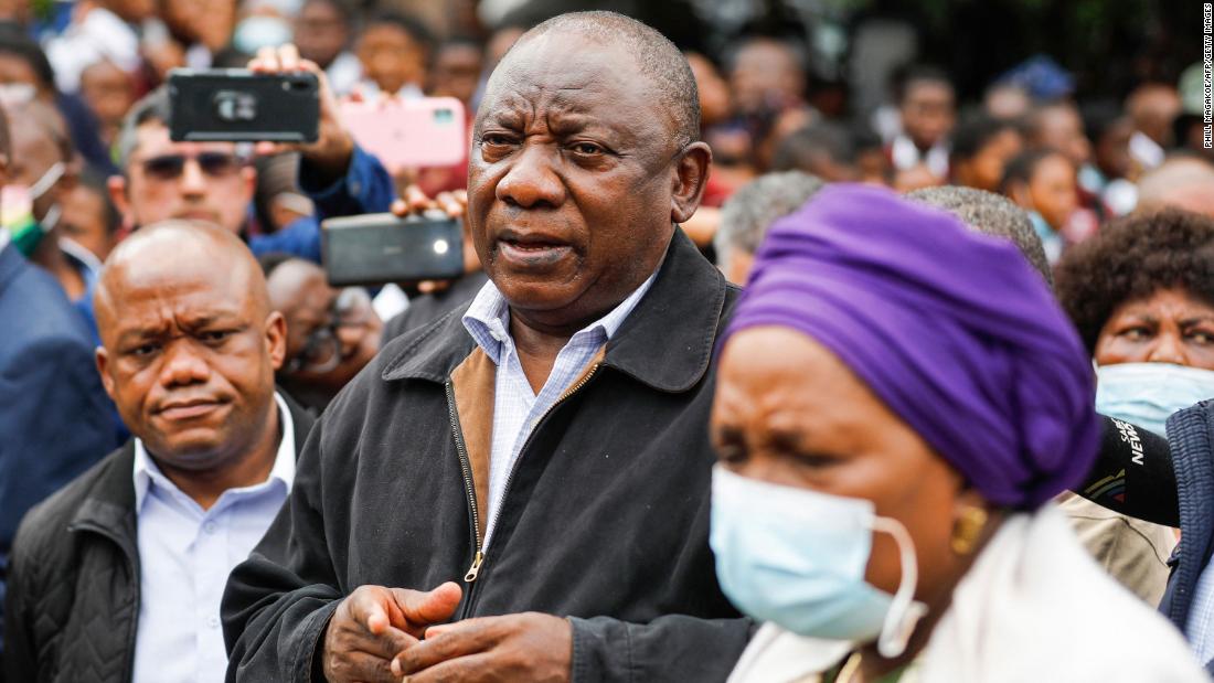 South African President Cyril Ramaphosa, center, visits Clermont on Wednesday, April 13. He spoke to various people grieving at the United Methodist Church of South Africa.