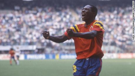 Rincón celebrates scoring the equalizer against Germany at the 1990 World Cup.