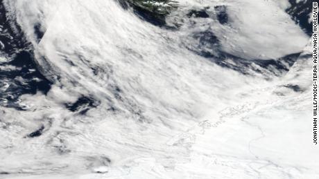 Satellite images of an atmospheric river over Antarctica on Jan. 25, 2008, which scientists say caused the disintegration of ice in the Larsen A and Larsen B shelves. 