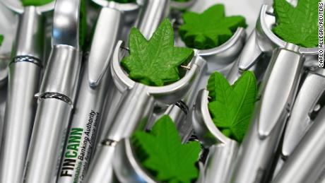 Pens featuring a marijuana leaf are pictured on a table at the Cannabis World Congress &amp; Business Exposition (CWCBExpo) in New York City, November 5, 2021. 