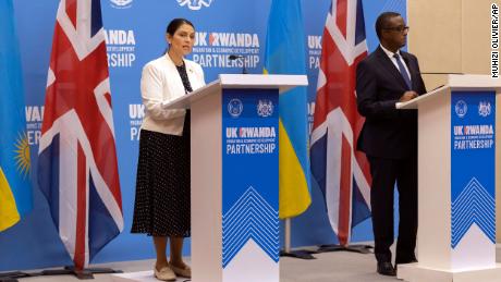 UK Home Secretary Priti Patel, left, announces the scheme with Rwanda&#39;s Minister of Foreign Affairs Vincent Biruta, right, in Kigali, Rwanda on April 14, 2022. 