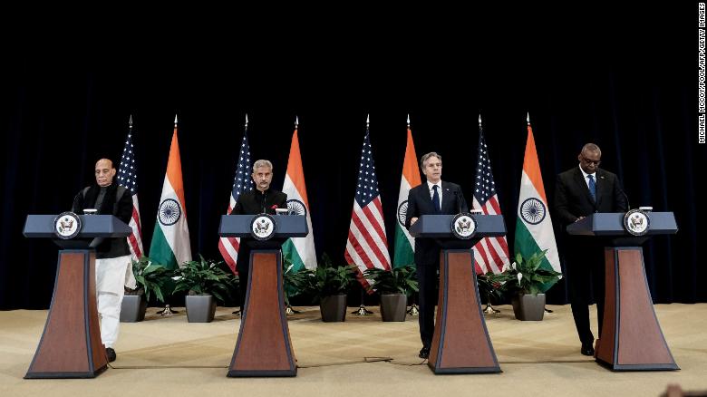 Indian Defense Minister Rajnath Singh, Indian External Affairs Minister Subrahmanyam Jaishankar, US Secretary of State Antony Blinken and US Defense Secretary Lloyd Austin at a news conference in Washington on April 11.