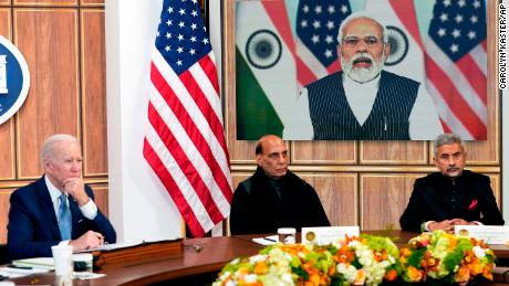 President Joe Biden meets virtually with Indian Prime Minister Narendra Modi in the South Court Auditorium on the White House campus in Washington, Monday, April 11, 2022.