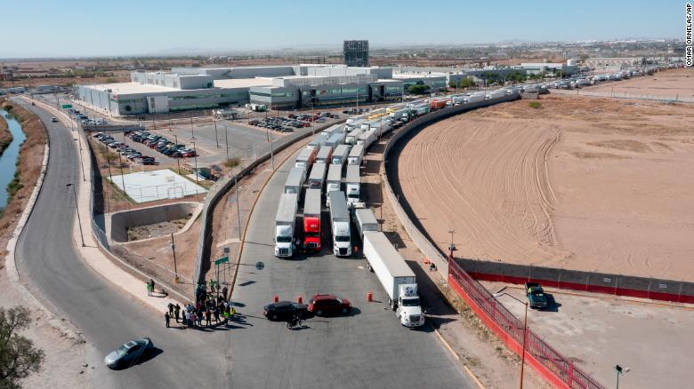 A long line of trucks is seen stalled at the Zaragoza International Bridge, one of two ports of entry in Ciudad Juarez going into the US on April 12th. 