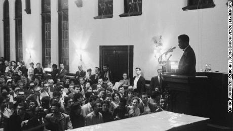 James Baldwin (1924 -- 1987) addresses an audience in a church, United States, October 1963. (Photo by Mario Jorrin/Pix/Michael Ochs Archives/Getty Images)