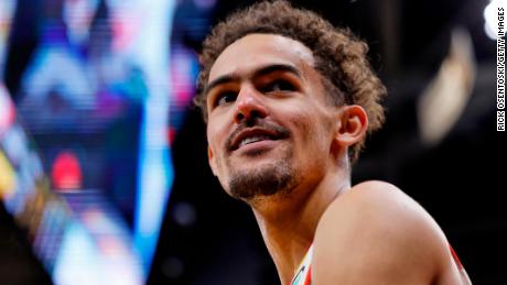 Trae Young reacts during the second half against the Cleveland Cavaliers.