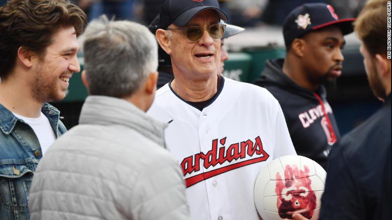 Tom Hanks reunites with ‘Wilson’ from ‘Cast Away’ while throwing first pitch in Cleveland