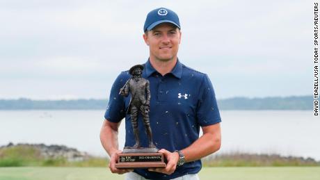 Jordan Spieth holds the trophy after winning the RBC Heritage.