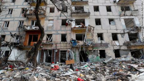 A view shows a residential building, which was destroyed during Ukraine-Russia conflict in the southern port city of Mariupol, Ukraine April 17, 2022. REUTERS/Alexander Ermochenko