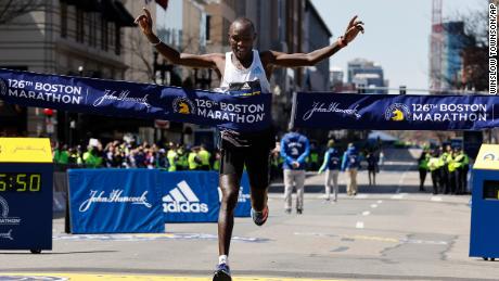 Chebet hits the tape to win the 126th Boston Marathon on April 18.