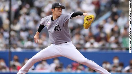 Roki Sasaki pitches during the Lotte Marines&#39; match against the Hokkaido Nippon Ham Fighters.