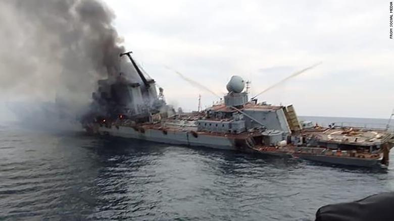 Images emerged early Monday, April 18, on social media showing Russia&#39;s guided-missile cruiser, the Moskva, badly damaged and on fire in the hours before the ship sunk in the Black Sea.